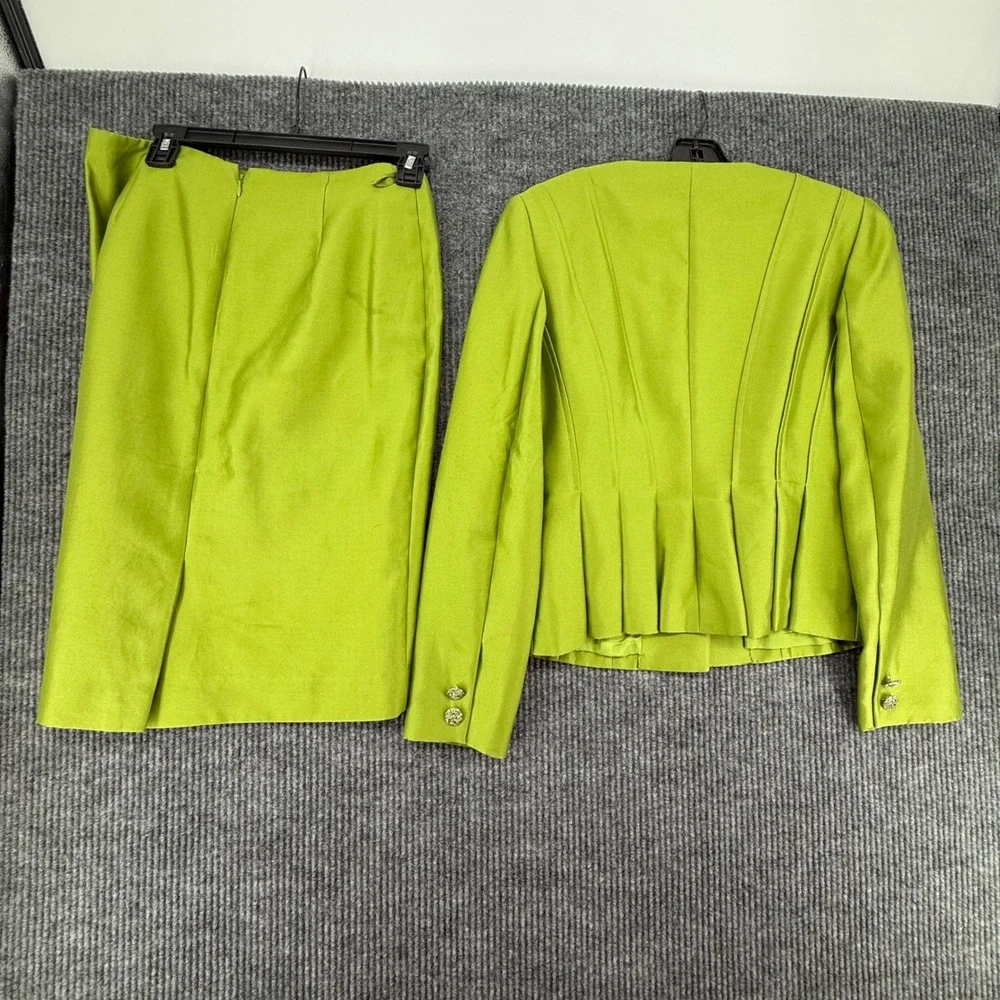 Talbots Skirt Suit Women Size 4 Lime Green Excellent Silk Cotton Peplum Blazer